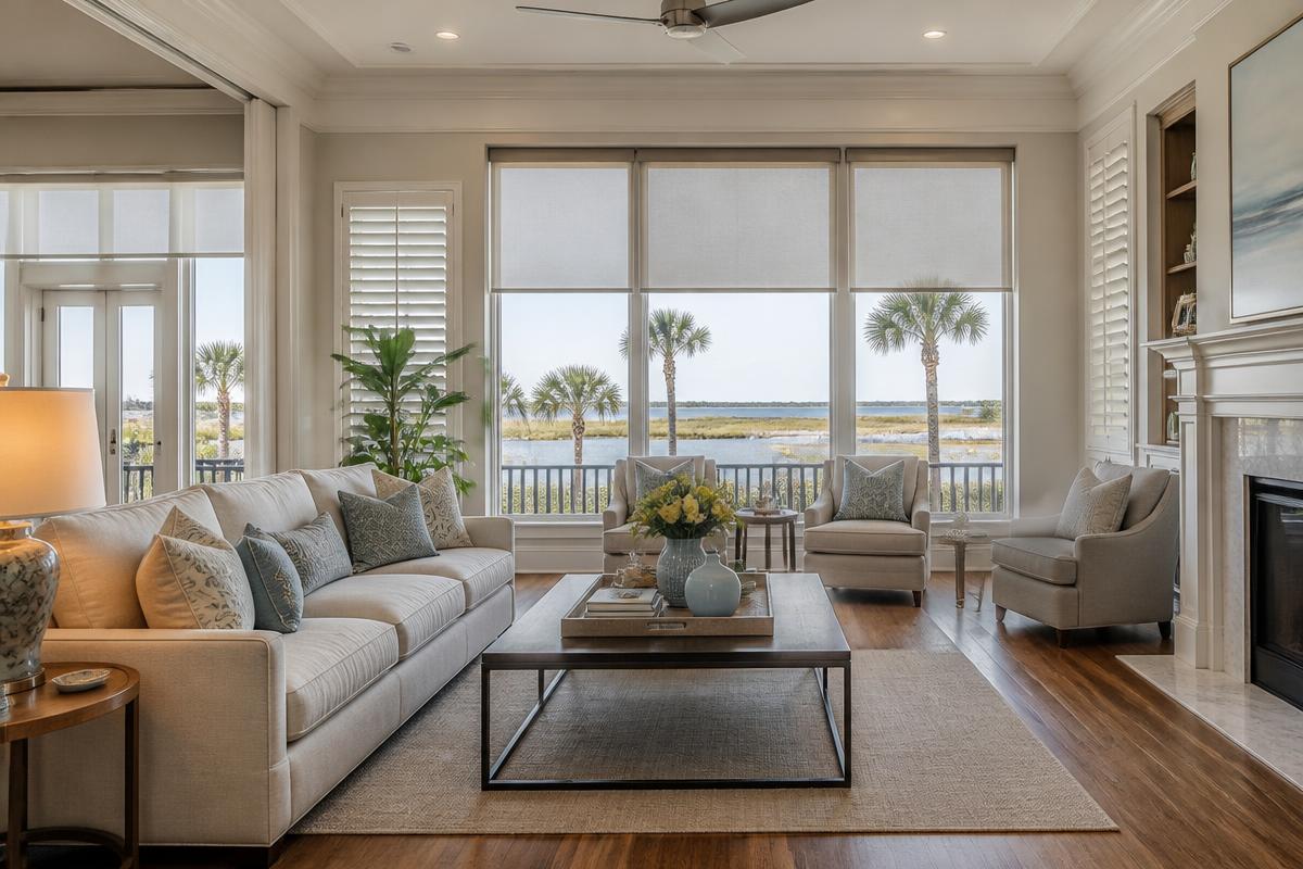 Charleston living room with custom roller shades and plantation shutters