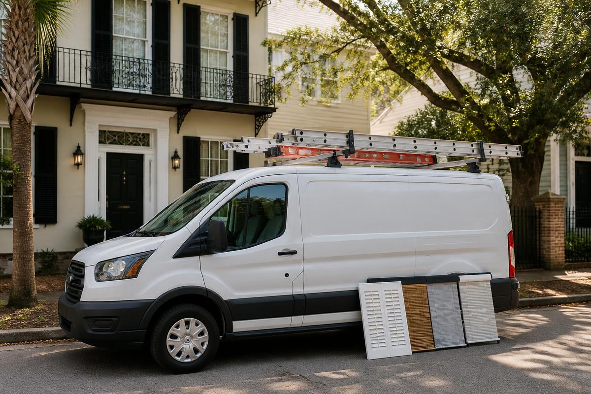 Charleston Blinds & Shutters service van with shutter and blind samples